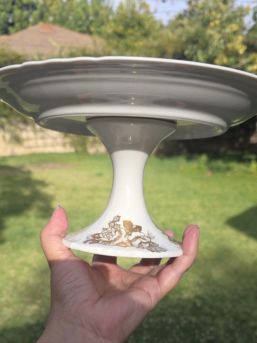 Vintage Porcelaine de France P.F.C. Hand Painted Gold Floral Cake Stand Pedestal